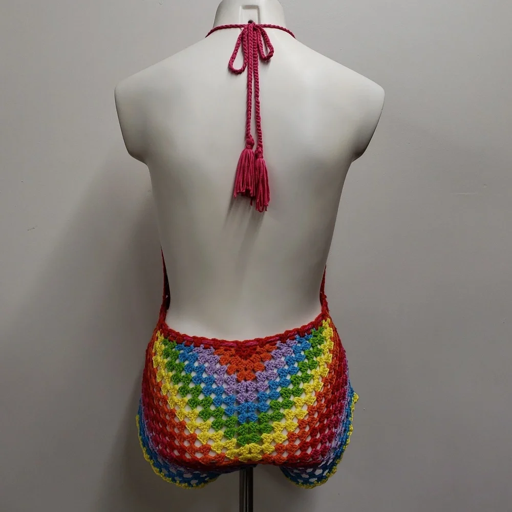 Color Block Open Knit Tassel Tie Backless Knot Waist Cami Romper Women's Size 6 - Picture 6 of 13